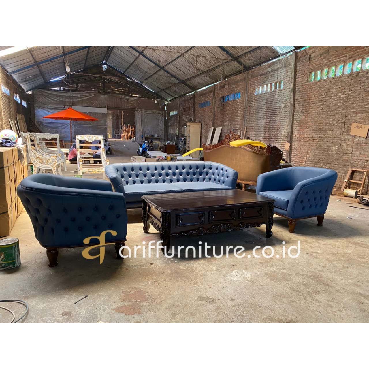 Set Sofa Chesterfield Beauty Blue Navy Modern 3